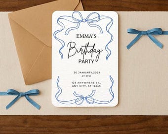 Blue Bow Birthday Invitation: Elegant Party Template (Digital Download, PDF)