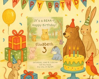 May include: A whimsical birthday card with a yellow background, featuring a banner that reads "HAPPY BIRTHDAY." The card includes illustrations of a bear, rabbit, and other characters. A birthday cake with candles and gift boxes are also present. The card reads "It's a BEAR-Y Happy Birthday!" and includes the name "Elizabeth" and the number "3."