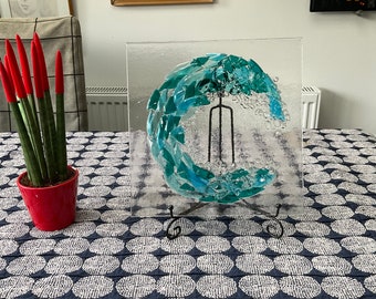 The Wave, Sea Glass Wall Panel,  Fused Glass Wave, Wall Tabletop Art, Fused Glass Art, Sea Art, Ocean Glass Wave, Fused Glass Handmade