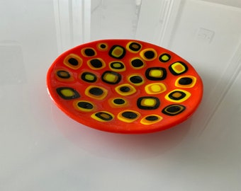 Good Enough to Eat! Retro Orange Bowl, Fused Glass, Trinket Dish,  Squares and Circles, Glass Ornament, Fused Glass Bowl, Glass Art