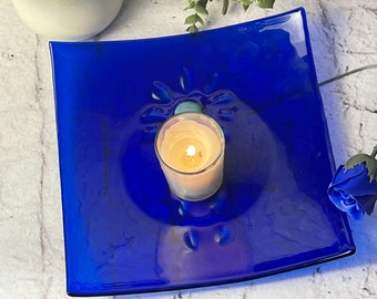 The Crying Tree, Blue Shallow Fused Glass Bowl, Physical Grief,  Remembering a Loved One, Candle Holder, Bereavement Gift,