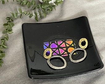 Infinity, Fused Glass, Glass Art, Handmade Dichroic, Fused Glass Trinket Dish, Trinket Holder, Candle Holder,  Present for Her, Gift for Him