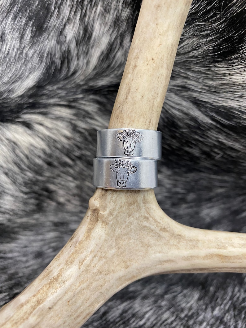Farm Cow Western Floral Hand Stamped Cow Head Floral Ring 