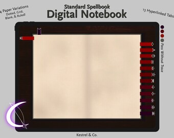 May include: A digital notebook app with a brown wood-grain cover and a white page with a grid pattern. The app has 13 hyperlinked tabs and 4 paper variations: dotted, grid, blank, and ruled. The text "Standard Spellbook Digital Notebook" is at the top of the image.