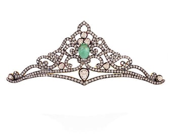 Tiara Crown Antique Rose Cut Diamond & Polki Diamond 5.60ct Bridal Anniversary Wedding Christmas New Year's Party Wear Emerald Tiara Crown