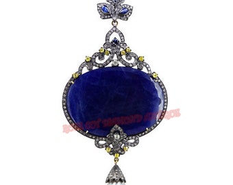 Victorian Style Antique Rose Cut Diamond 2.30ct Vintage Design Pearl Sapphire Topaz Pendant Party Wear Hand-Made Jewellery