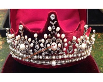 100% Real Natural 15.20ct Antique Rose Cut Diamond Sterling Silver 925 Xmas Party Wear Bridal Style Pearl Tiara Crown