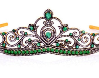 Tiara Crown Real & Natural Antique Rose Cut Diamond 8.15ct Sterling Silver 925 Weddings Anniversary Party Wear Bridal Emerald Tiara Crown