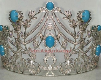 Finish Art Deco Victorian 8.85ct Uncut Antique Rose Cut Diamond Sterling Silver 925 Engagement Party Wear Bridal Style Turquoise Tiara Crown