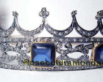 Vintage 12.35ct Real Antique Rose Cut Diamond Sterling Silver 925 Engagement Party Wear Bridal Style Blue Sapphire Tiara Crown