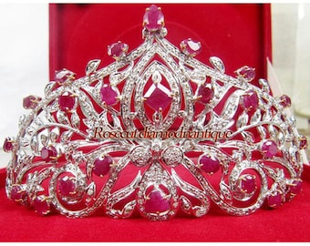 Estate Art Deco Victorian 11.22ct Real Antique Rose Cut Diamond Sterling Silver 925 Engagement Party Wear Bridal Style Ruby Tiara Crown