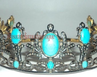 Art Deco Vintage 7.88ct Real Antique Rose Cut Diamond Silver 925 Anniversary Party Wear Bridal Turquoise Tiara Crown Hand-Made Jewelry