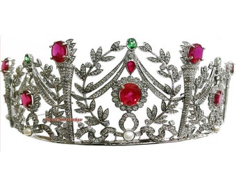 Inspired By Unique Design Antique Rose Cut Diamond 15.50ct Bridal Wedding Christmas New Year's Party Wear Pearl Ruby Emerald Tiara Crown