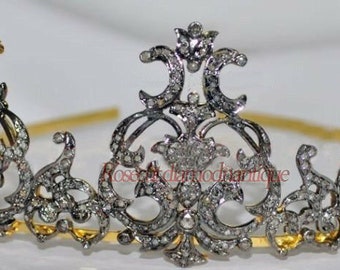Tiara Crown Art Deco Inspired By Antique Rose Cut Diamond 6.98ct Sterling Silver Bridal Wedding Christmas New Year's Party Wear Tiara Crown