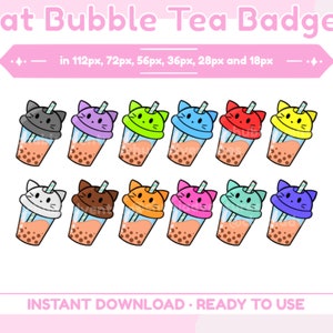 Puede incluir: Un conjunto de insignias de té de burbujas con temática de gatos. Cada insignia presenta una taza transparente con perlas de tapioca marrones y una tapa con forma de gato. El texto "Cat Bubble Tea Badges" está en la parte superior, con "INSTANT DOWNLOAD • READY TO USE" en la parte inferior.