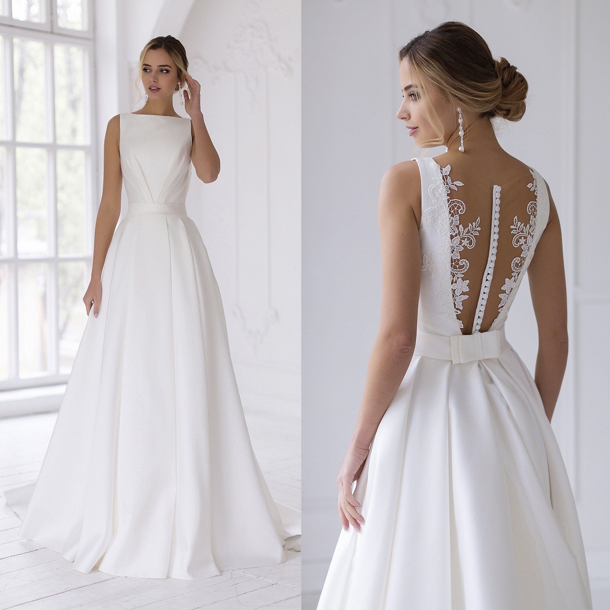 Bescheidene Hochzeitskleid Korsett Mit Spitze Zuruck Satin Etsy