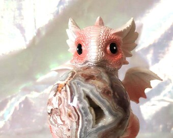Dragon sphere holder with crazy lace crystal druzy sphere