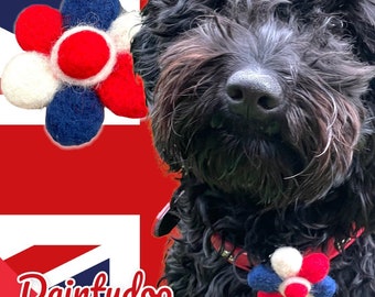 Jubilee Dog Collar Flower, felted flower, Red,white and Blue dog collar decoration. UK flower for a dog collar. Great Britain Flag colours