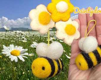 Felted Bumblebee and Daisy Hanging Tree Decoration