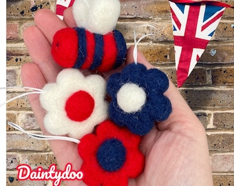 Felted Bumblebee & Daisy Hanging Tree Decoration, Coronation decorations, red, white and blue, Great Britain Flag colours of the Union Jack.