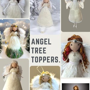 May include: A collage of handmade angel tree toppers. Each angel has a white dress, feathered wings, and a halo or headpiece. The text "ANGEL TREE TOPPERS" is displayed in the center of the image.