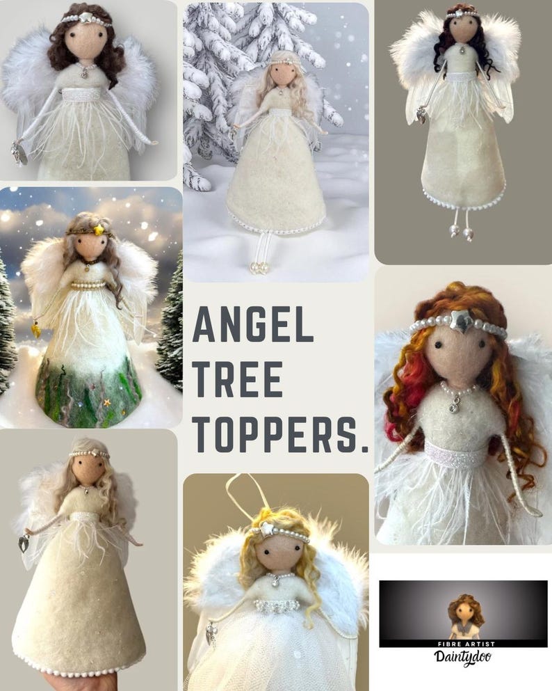 May include: A collage of handmade angel tree toppers. Each angel has a white dress, feathered wings, and a halo or headpiece. The text "ANGEL TREE TOPPERS" is displayed in the center of the image.