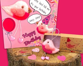 Birthday Matchbox Bird Giftbox and Birthday Card, Birthday Tweetings, Birthday gift, Needle felted Bird, Hanging tree decor, Bird decor