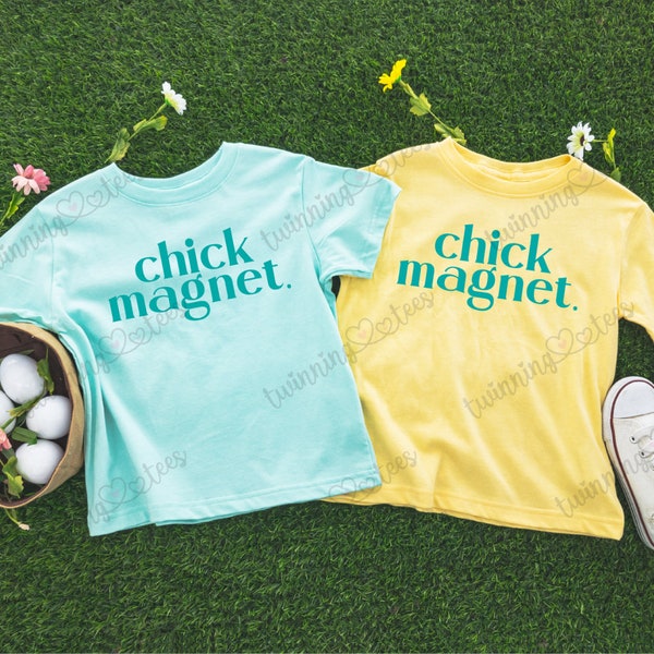 T-shirt pasquale con magnete pulcino; Camicia di Pasqua per ragazzi; Camicia di Pasqua; Magnete pulcino;