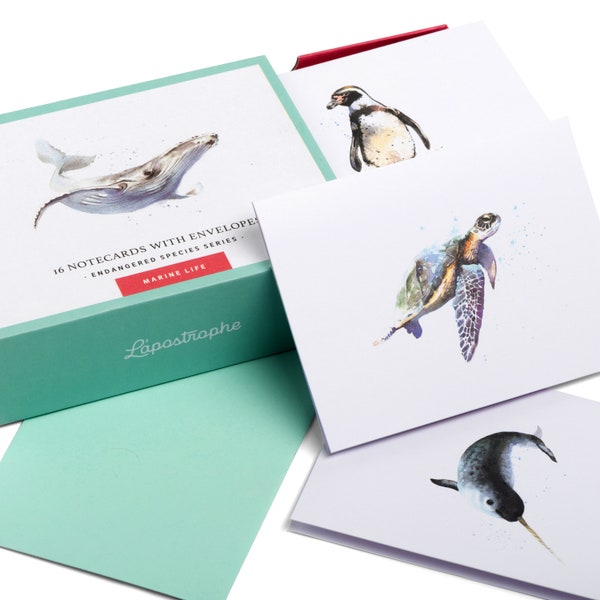 Marine Life • 16 Note Cards with Envelopes • Assorted Sea Animals • Greeting Cards • Whale • Penguin • Sea Turtle • Narwhal