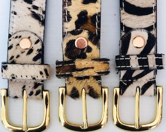 Leopard | Zebra | Spotty Cow Genuine Leather Hair On Belt with Gold Chrome Silver Pin Buckle