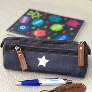 Cassa di matita in pelle in denim blu in stile Genuina / Borsa da toilette da #TW10