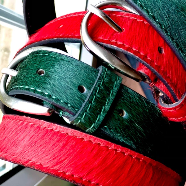 Christmas Red | Green Cow Hair-on Hide | Genuine Leather Hair On Belt with Chrome Silver Pin Buckle