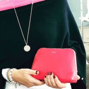 Bolsa de maquiagem de couro genuíno rosa | Bolsa feminina de maquiagem com zíper em couro real fúcsia | Embreagem organizadora de viagens cosméticas para mulheres | Porta-moedas