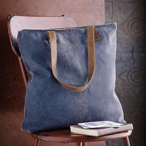 Leder-Einkaufstasche, weiches Leder Campus-Tasche, große Tasche mit Tasche, Hochzeitsgeschenk Doppel Griff Buch & Laptop Tasche #LB15 Denim blau