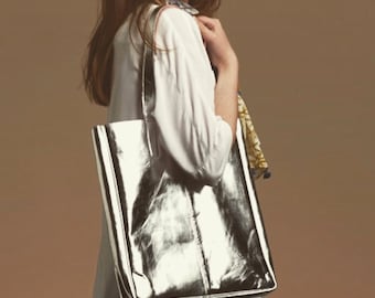 Metallic Silver | Beige Silver | Black Silver | Metallic Leather Reversible Leather Tote Bag | Suede Lined