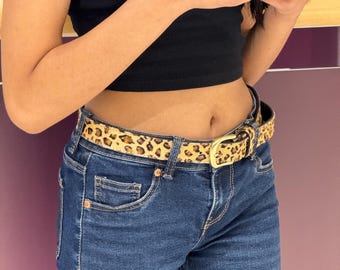 Leopard | Zebra | Spotty Cow Genuine Leather Hair On Belt with Gold Chrome Silver Pin Buckle