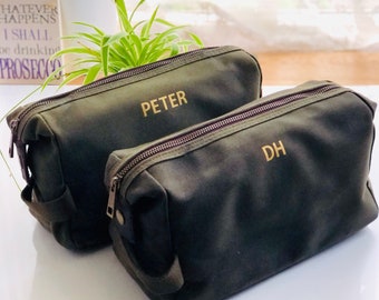 Personalised Waxed Canvas Wash Bag with Leather Trims