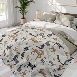 Norwegian Folk Art Boho Plush Blanket, Scandinavian Folk Art Throw Blanket, Swedish Folk Art Woodland Animals Nordic Home Decor