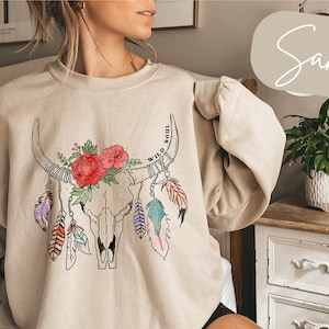 Coastal Cowgirl Cow Skull Longhorn Art Longhorn Print Longhorn Shirt Western Sweatshirt Whimiscal Longhorn Sweatshirt Coastal Cowgirl Print