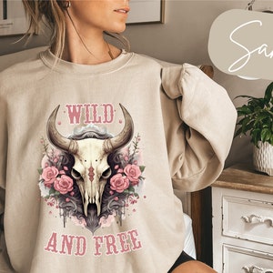 Wild and Free Oversized Sweatshirt Coastal Cowgirl Cow Skull Longhorn Art Longhorn Print Longhorn Shirt Western Sweatshirt