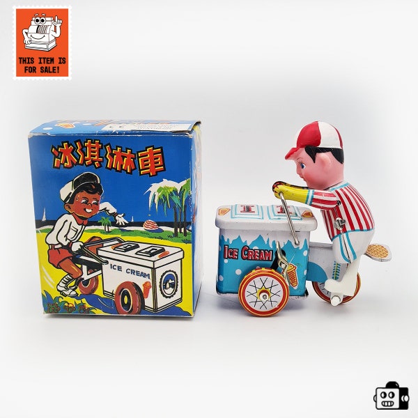 Wind Up Tin Toy Ice Cream Vender With Original Box. Made in China