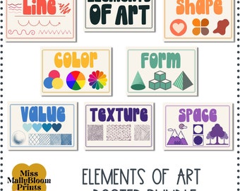 May include: A set of 8 colorful posters with the title "Elements of Art Poster Bundle". Each poster features a different element of art, such as line, shape, color, form, value, texture, and space. The posters are designed in a retro style with bold text and illustrations.