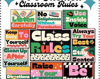 Classroom Rules Poster Bundle, Classroom Expectations, Bulletin Board Kit, Classroom Decor Wall Art, Elementary, Middle School Rules