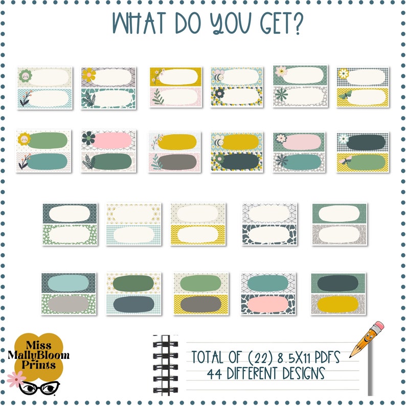 Peut inclure: Un ensemble de 22 fichiers PDF imprimables de 8,5 x 11 pouces avec 44 designs diff&eacute;rents pour des &eacute;tiquettes. Les &eacute;tiquettes pr&eacute;sentent une vari&eacute;t&eacute; de motifs floraux, g&eacute;om&eacute;triques et abstraits dans des tons de jaune, vert, bleu et rose.