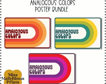 May include: Three colorful posters with the text "Analogous Colors" in a retro font. The posters feature a rainbow-like arc of colors, with each poster featuring a different color scheme. The text "Australian and UK British Spelling Included" is at the bottom of the image.
