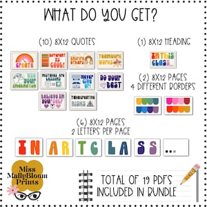 May include: A digital download of 19 printable 8x12 inch classroom posters with a colorful retro theme. The posters include quotes, headings, and alphabet letters. The text includes "In This Class...", "Different is Cool!", "Use Your Imagination", "Teamwork Works", "Never Give Up!" and more.