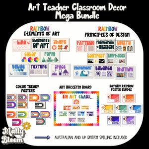 Rainbow Elements of Art Classroom Decor Bundle,Principles of Design Posters,Art Teacher Bulletin Board, ROYGBIV Classroom Posters