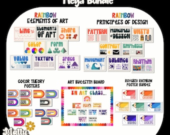 Paquete de decoración del aula Rainbow Elements of Art, carteles de principios de diseño, tablón de anuncios para profesores de arte, carteles para el aula ROYGBIV