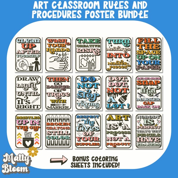 Art Classroom Rules and Procedure Poster Bundle,Growth Mindset,Art Classroom Decor,Art Teacher Bulletin Board,Elementary Art,Middle School