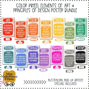 Color Wheel Elements of Art Classroom Decor Bundle, Principles of Design Posters, Art Teacher Bulletin Board, Printable, Set for Elementary